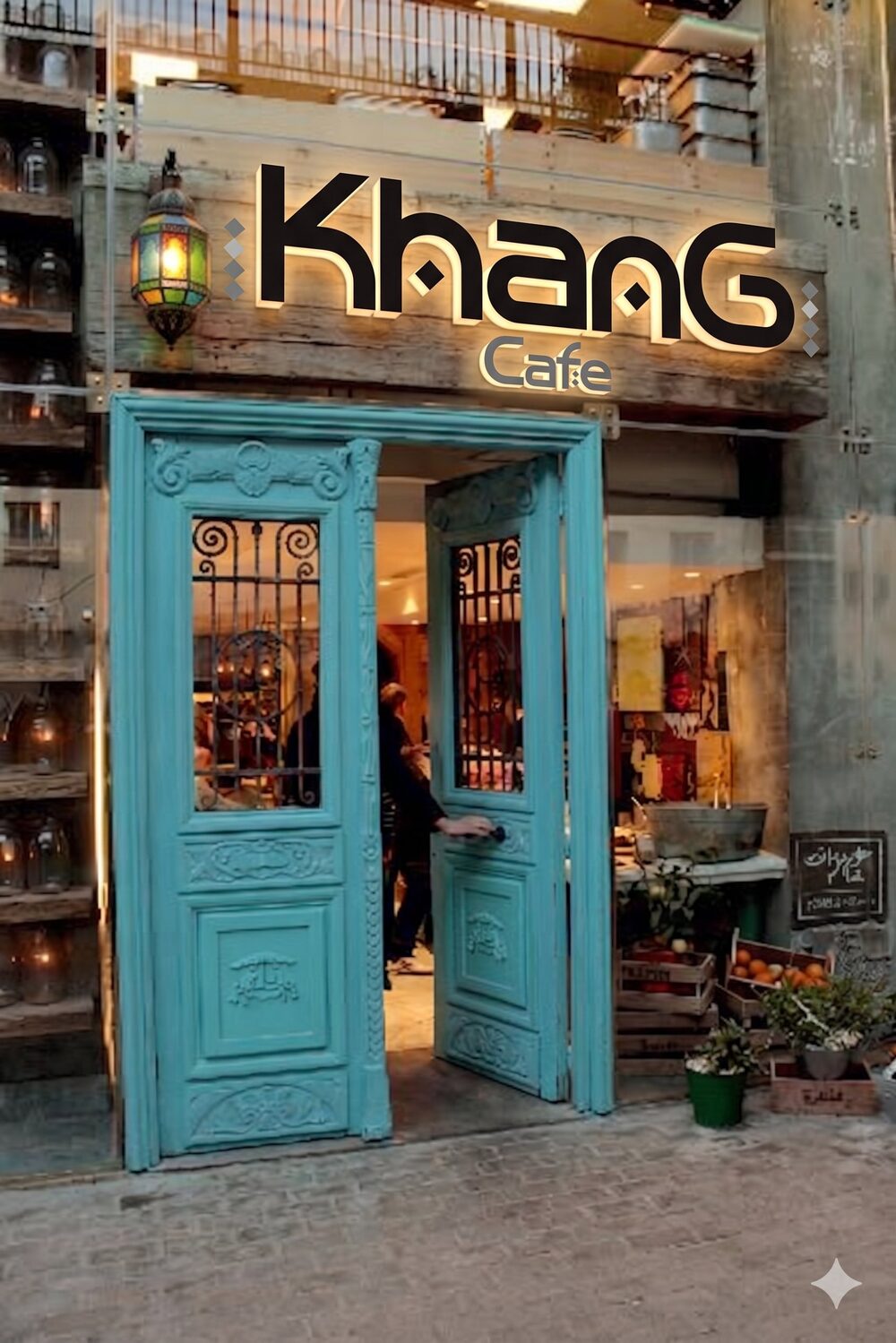KhanG Cafe entrance concept — turquoise carved doors with illuminated signage