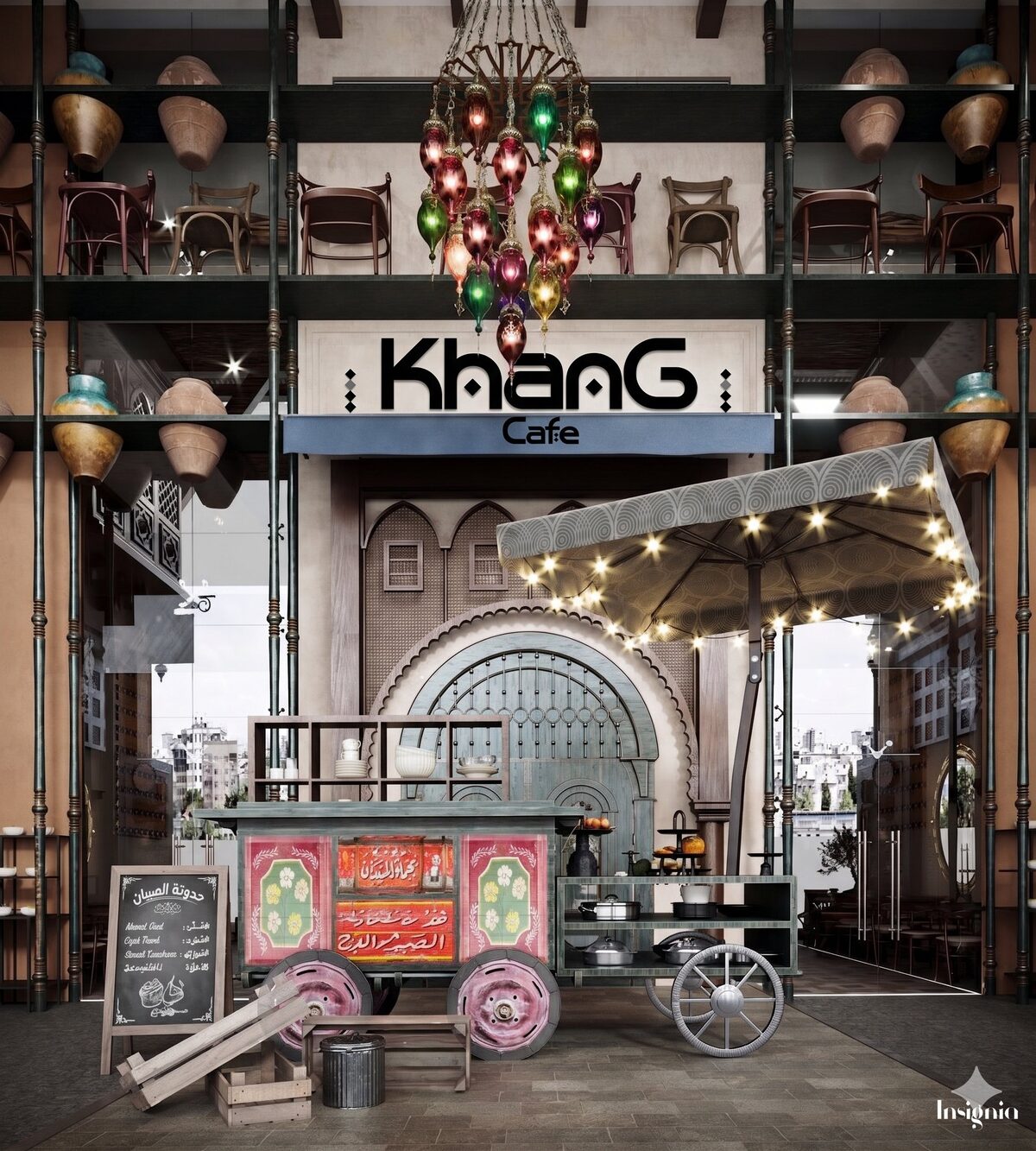 KhanG Cafe interior concept — street cart, colored lanterns, and copper vessels